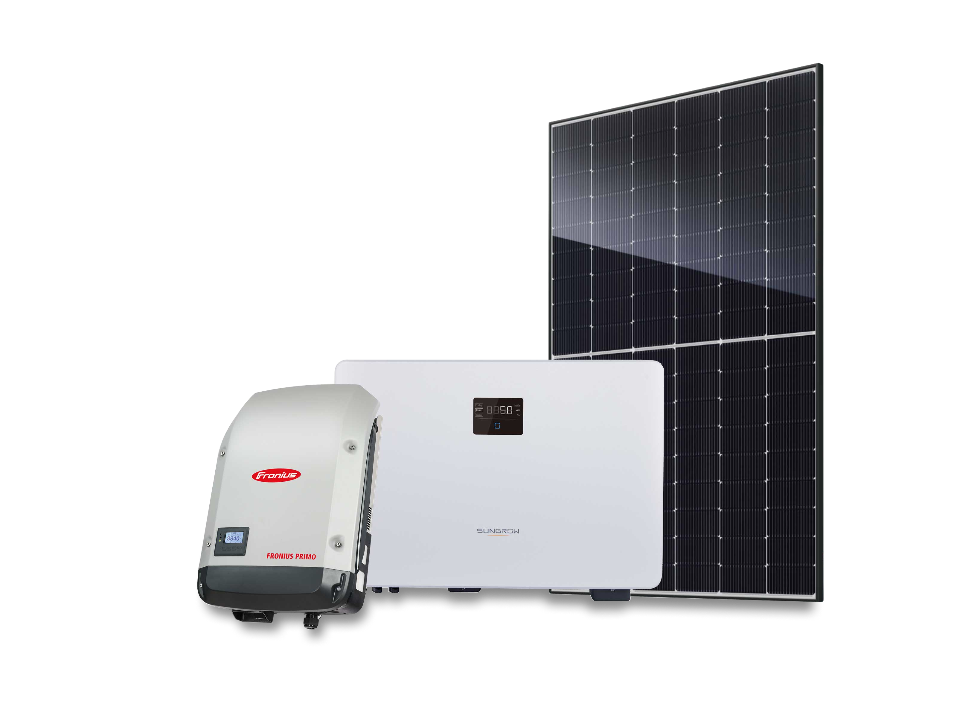 Photo of a JA 475W solar PV panel, a Sungrow inverter and a Fronius inverter.